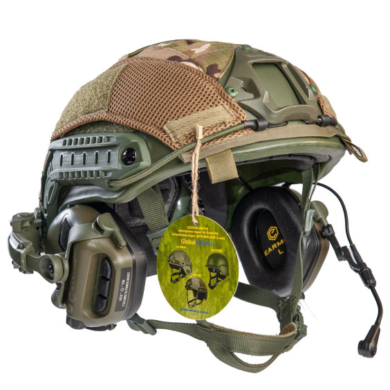 Шлем FAST в кавере. Наушниками Earmor M32H с "Чебурашками".  Олива