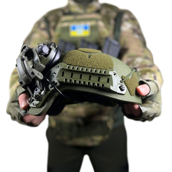 Комплект тактический шлем Sestan-Busch Helmet BK-ACH-HC,. Наушники Earmor с "Чебурашками". Олива. (M/L)